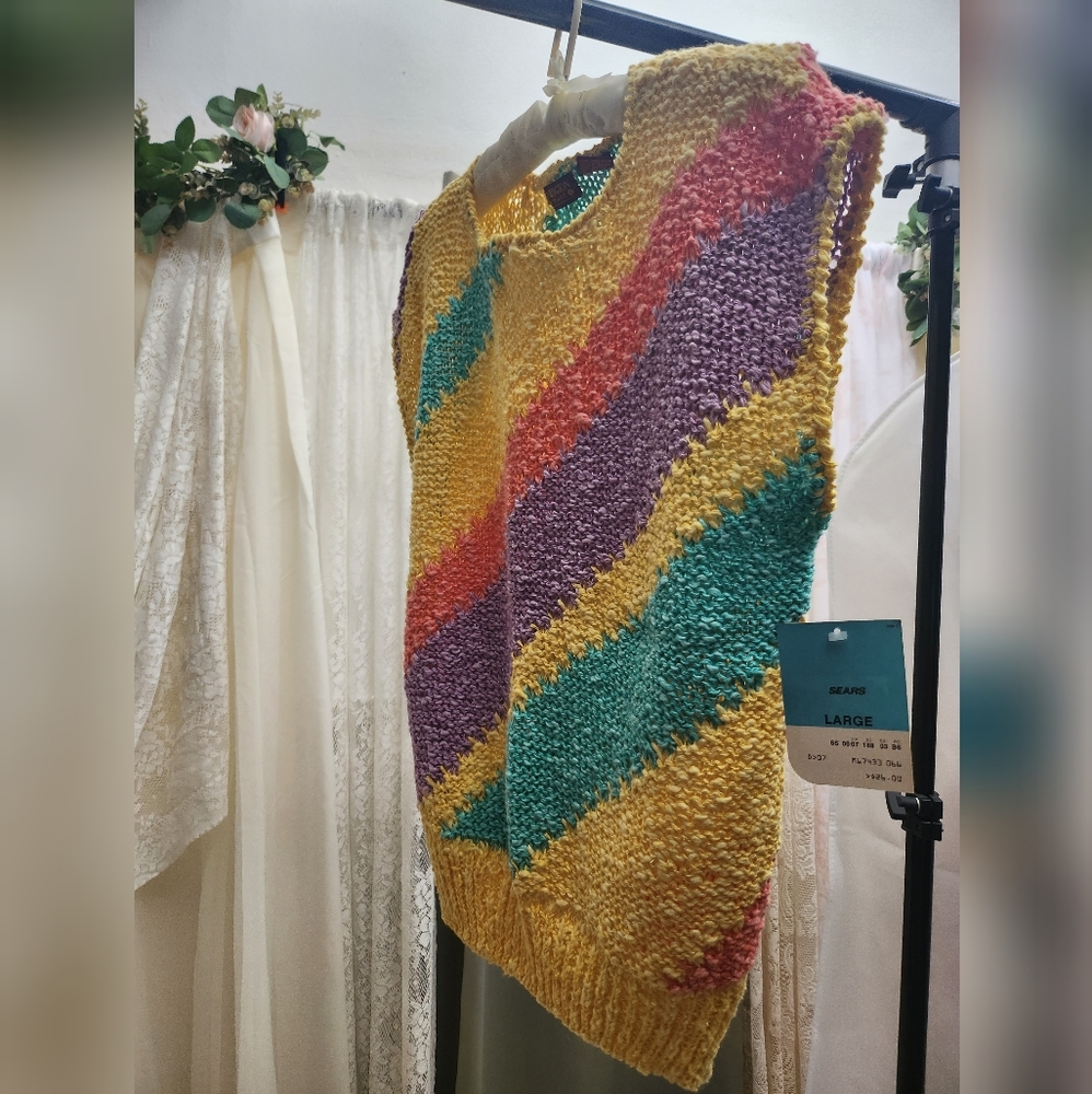 Vintage pastel crochet sweater vest. Still with original Sears tag.